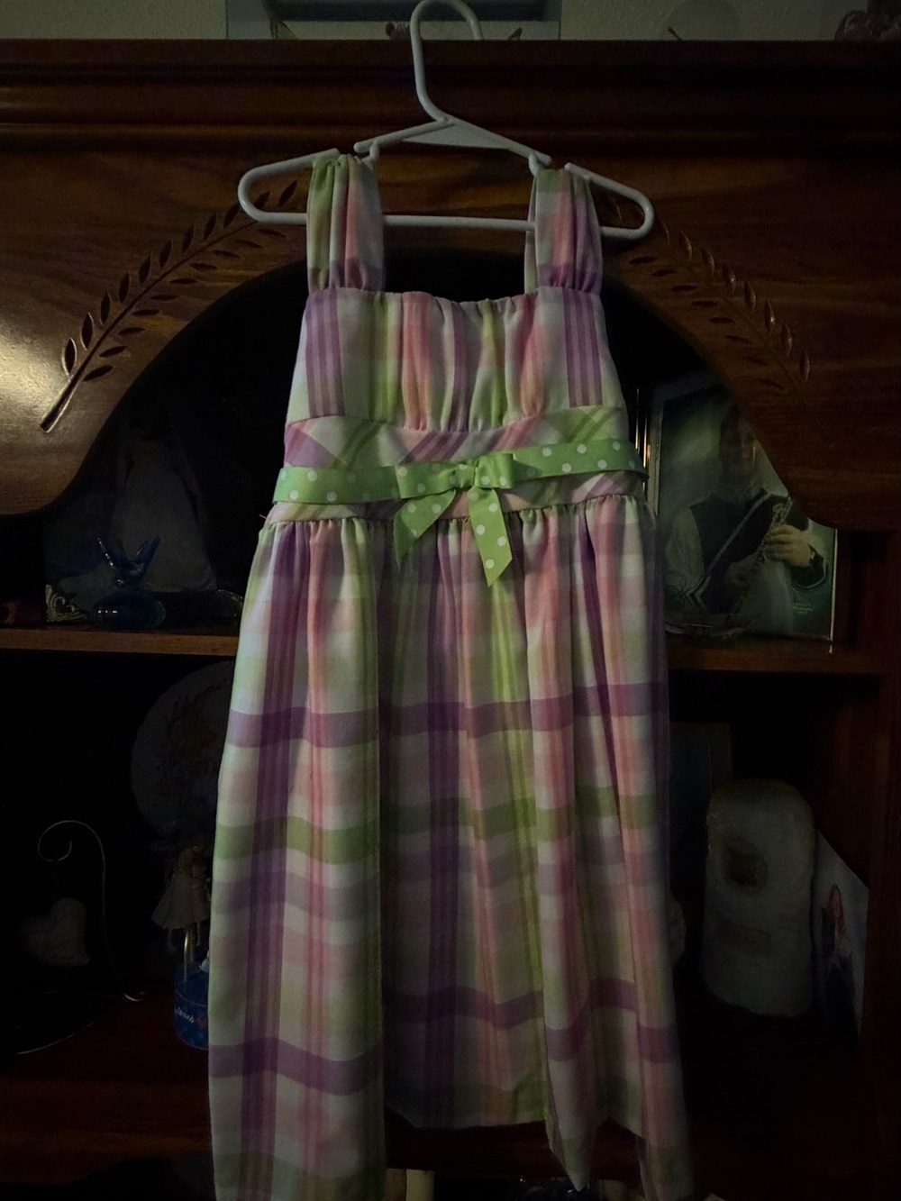 Bonnie Jean Pink, Purple & Green Plaid Sundress with Polka Dot Waist Tie